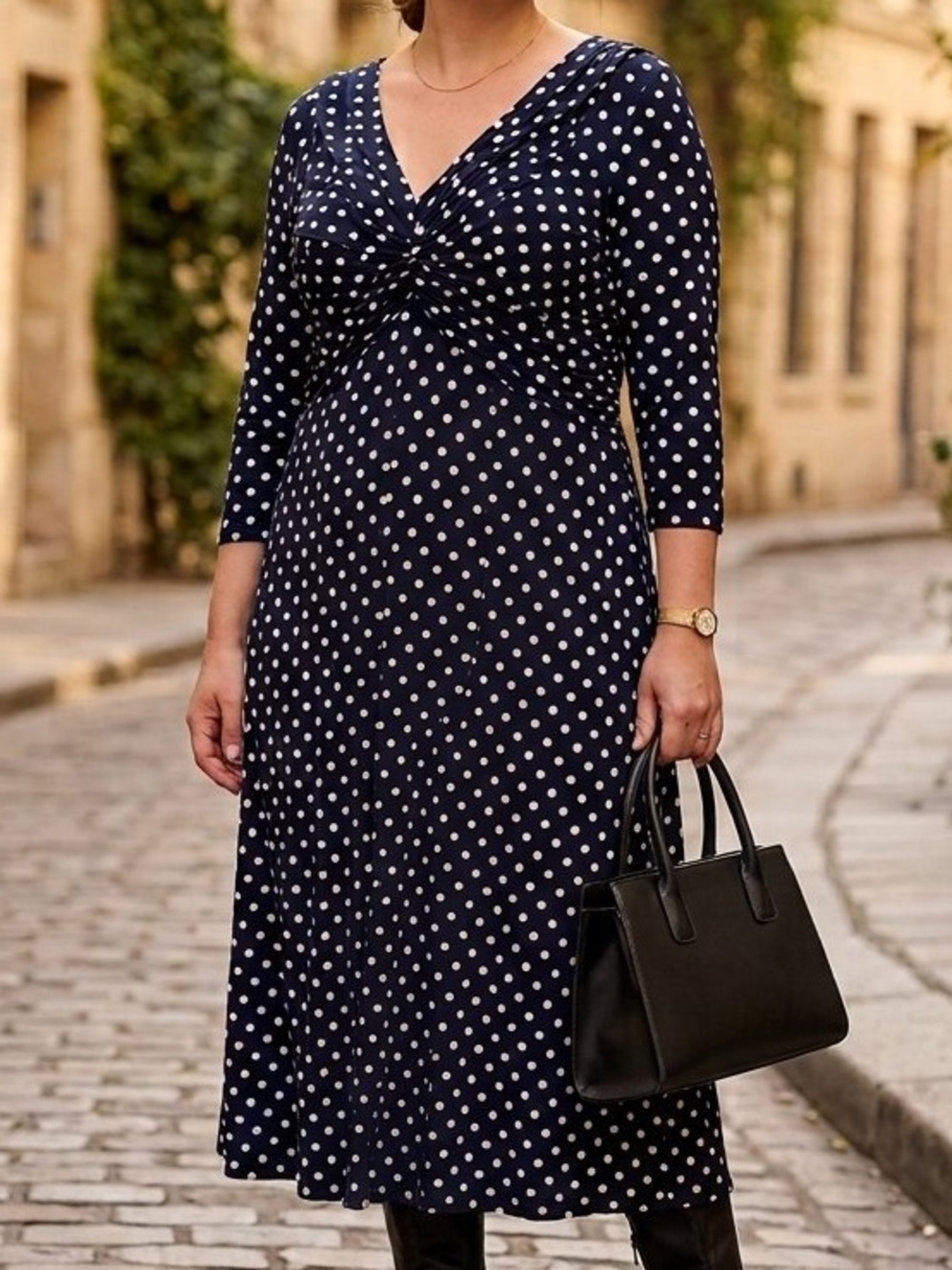 Dressbarn Black & White Polka Dot Gather Front Midi Dress 14 XL